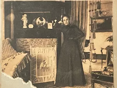 Antique Photo Of Woman Next To Mantle W/ Statues W/ Unusual Fireplace Partition • $5