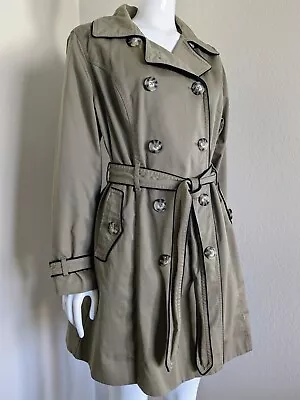 Merona Double Breasted Trench Coat Women's Sz XL Tan Khaki Blk Edge Belted • $19.99