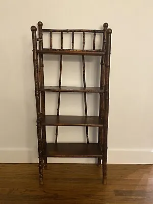 19th C. Victorian British Colonial Burned Bamboo & Lacquer 4 Tier Bookcase Shelf • $575