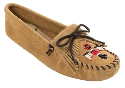 Minnetonka Moccasins Beaded Thunderbird Fringe Tan Leather Suede Womens SIZE 8 • $30