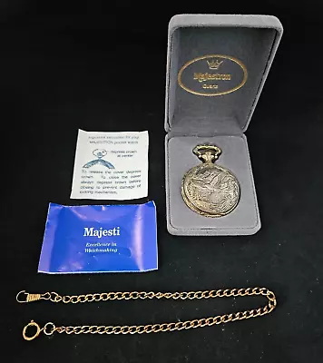 Majestron Quartz  Pocket Watch Vintage W/Chain & Case Patriotic UNTESTED • $20