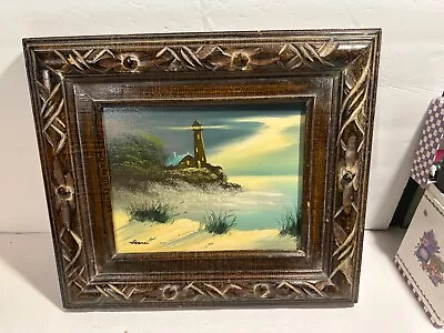 Vintage Art Oil On Canvas Lighthouse Beach/Sea Themed And Framed READ • $23.80