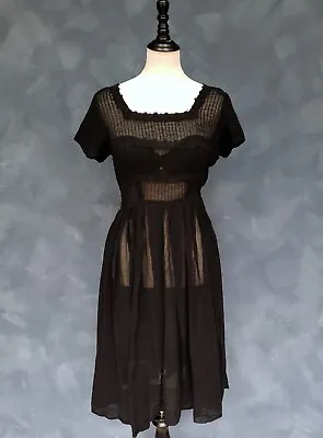 Vintage 50s Black Sheer Short Sleeve Dress Lace Trim S/M • $155