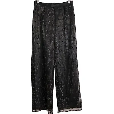 Vintage S.L. Fashion  Wide Leg Pants Black Sheer Floral Overlay Silver Pants 10 • $24.50