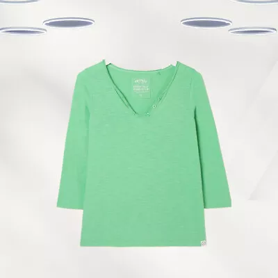 Ex Fat Face Women’s 3/4 Sleeve Button Detailing Organic Cotton T-Shirt In Green • £15.99