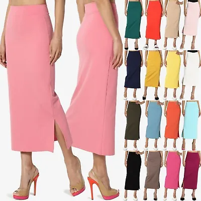 TheMogan Womens Side Slit High Waist Stretch Knit Mid Calf Long Pencil Skirt • $19.99