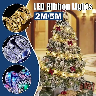 LED Christmas Tree Ribbon Bow Xmas Hanging Light Up Topper Top Lights Decor Home • $17.99