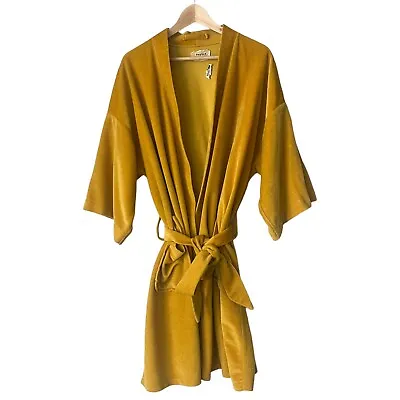 Vtg Roytex Mens Kimono Robe Lounge Smoking Jacket Belt Mustard Yellow Velour • $39.99