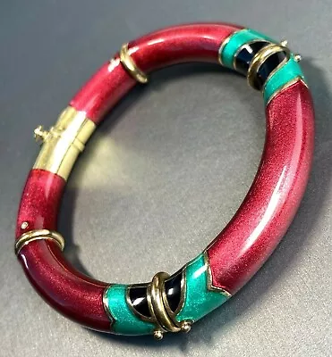 Nouvelle Bague 18K Yellow Gold Red Green Pearlised Enamel Bangle Bracelet 7  • $1600