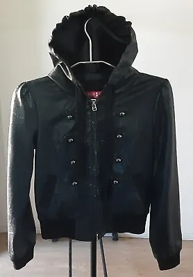 Womens Faux Leather Jacket Size 10 KITTY KAT With Hood. Post Incl Aus • $24.95