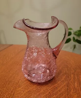 Vintage Pink Crackle Glass Hand Blown Pitcher 6.75” Tall 5” Wide • $27.99