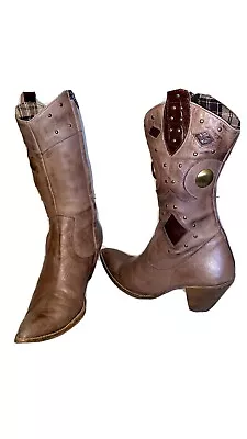 Vera Gomma Brown Leather Studded Pointed Toe Mid Calf Boots Wmn. EUR 38.5 US 8 • $32.99