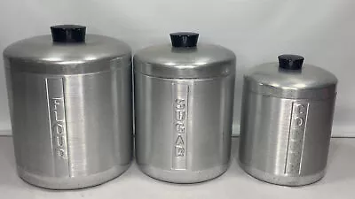 Vintage Set Of 3 Aluminum Kitchen Canisters Flour - Sugar- Coffee With Lids C501 • $24.99