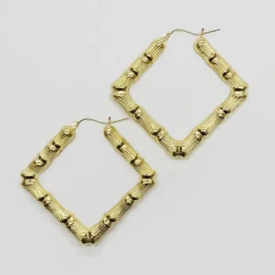 10k Gold Bamboo Simple Classic Square Diamond Shape Vintage Hoop Earrings • $349