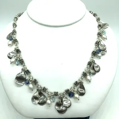 Michael Dawkins Sterling Silver Pearl Blue Bead Caviar Dangle Toggle Necklace • $115