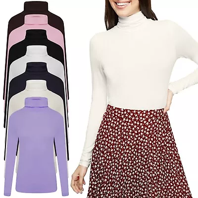 £7.99 • Buy Womens Long Sleeve Roll Neck T Shirt High Polo Ribbed Ladies Knitted Jumper Tops