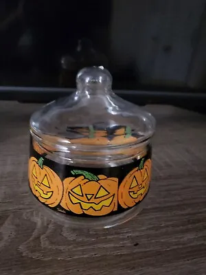 Vintage Halloween Jack O Lantern Pumpkin Lidded Candy Jar Indiana Glass Co #2832 • $19.99