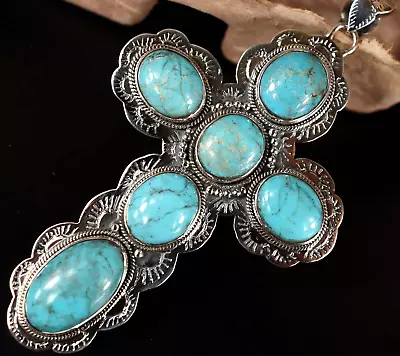 $645 HUGE! 4 1/4  Natural Turquoise Navajo Handmade Silver CROSS Pendant HEAVY! • $285