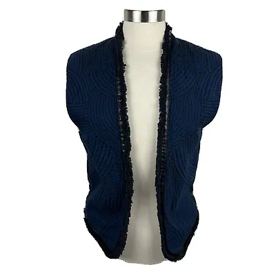 Maison Scotch Vest 6 Womens Blue Quilted Open Front Pockets Fringe Lined Cotton • $41.30