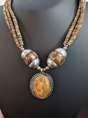 Tibetan Style Brown Bead Necklace With Possible Yak Horn Pendant Estate Sale  • $14