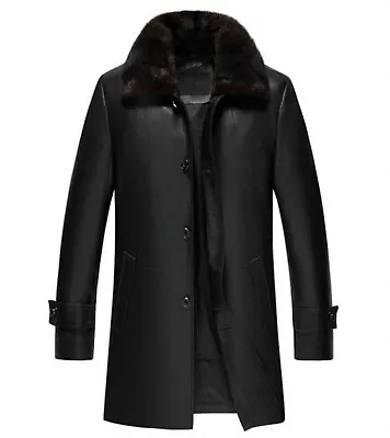 Men's Black Leather Shearling Fur Coat | Handmade Real Leather Shearling Coat • £143