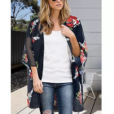 Women Floral Puff Sleeve Kimono Cardigan Loose Beach Cover Up Casual Blouse Tops • $25.41