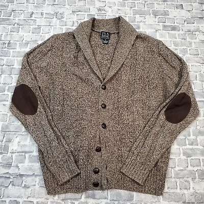 Jos A Bank Lambs Wool Cardigan Mens Medium Sweater Cable Knit Shawl Elbow Patch • $29.99