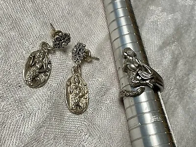 Mermaid Octopus Wrap Ring & Earrings Silver Sea Ocean Jewelry Adjustable 11.52g • $19.99