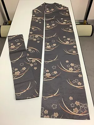 Japanese Vintage Kimono Nagoya Obi Wool Gray Flower Tradition 144x12.2inch • $49.90