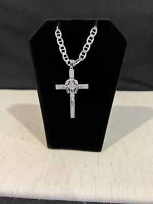 925 Sterling Silver Men's Horseshoe Cross Crucifix CZ & Mariner Chain 22 26 30 • $130