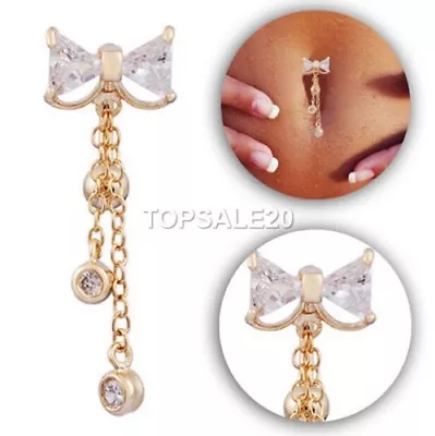 Women Crystal Bow Dangle Navel Belly Button Gold Ring Bar Body Piercing • $7.19