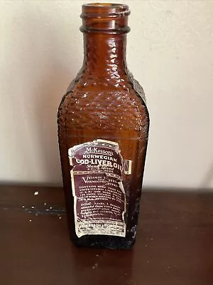 Vintage COD LIVER OIL Bottle McKesson OLD AMBER BROWN GLASS EMBOSSED FISH SCALES • $5