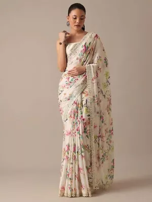 Wedding Designer Sari White Floral Printed Saree Bollywood Indian Ethnic Wear • $45.99