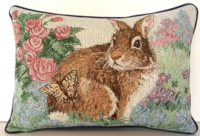 Rabbit W/Pink Roses Butterfly Pastel Flowers Linda Picken Tapestry Pillow New • $18