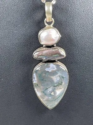 925 Sterlng Silver Moss Agate Mabe Pearl Abalone Necklace 18  Handmade Boho 3238 • $27.72