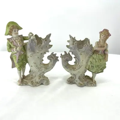 Pair Paul Ux Figurine Bisque Vases Man Woman Ornate Made In Occupied Japan FLAW • $21.99