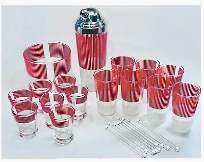 VTG Art Deco Barware Set Chrome Red & White Stripe Cocktail Shaker/Glasses • $350