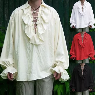 2023 Retro Men Gothic Shirt Top Victorian Medieval Ruffle Pirate Puff Sleeve UK • £16.95