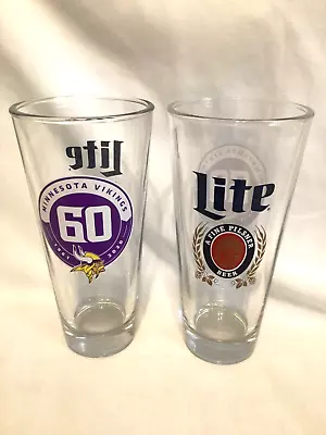2 NEW Minnesota Vikings Miller Lite 60 Season Nucleated Tall Beer Pint Glasses • $27.99
