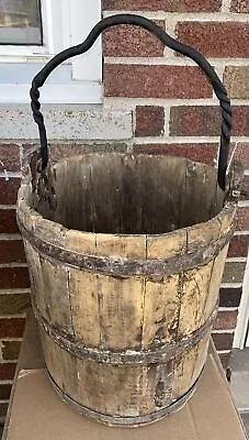 Vintage Primitive Looking Wood Bucket With Metal Bands And Handle Weathered Look • $49.99