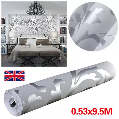 Luxury 3D Metallic Textured Damask Embossed Wallpaper Silver Glitter Home Decor • £8.28