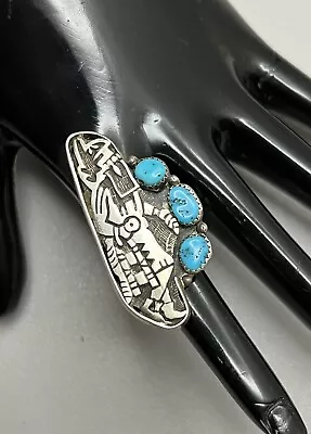 Great Vintage Hopi Sterling Silver & Turquoise Kachina Dancer Native Ring S7.75 • $29