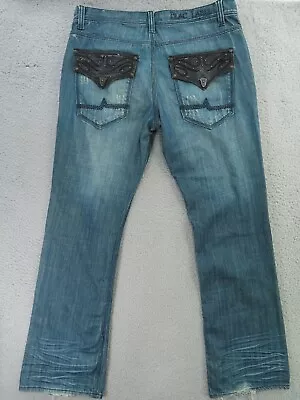 Blac Label Jeans Mens 36x33 Blue Leather Flap Pocket Baggy Y2K Distressed • $34.95