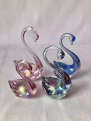 £28 • Buy Four Stunning Heron Glass Swans Iridescent Pink Blue Purple Colours