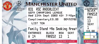 TICKET: Manchester United V Anderlecht (UEFA Champions League) 2000/2001 UNUSED • £5.99