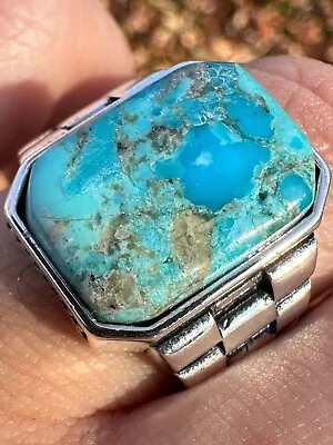 Men's Natural Genuine Sky Blue Turquoise Rectangle 925 Sterling Silver Ring • $69.99