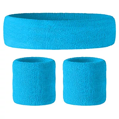 AQUA BLUE Sweatbands Wristbands Headband Bright Wrist Bands Fancy Dress 80s 90 • £2.25