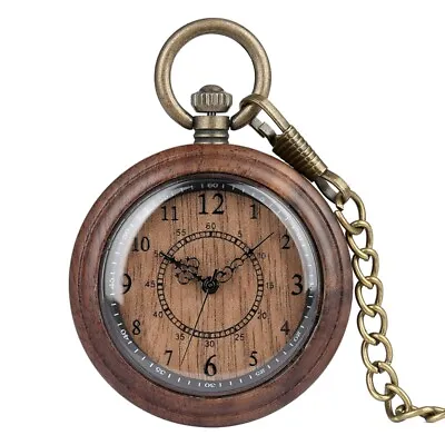 Vintage Style Wood Watch Quartz Pocket Watch Ebony Walnut Wooden Chain Open Face • $16.53