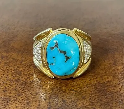 Vintage Large Turquoise Statement Ring 18K Yellow Gold Diamond 10 Mens Signet • $4203.50