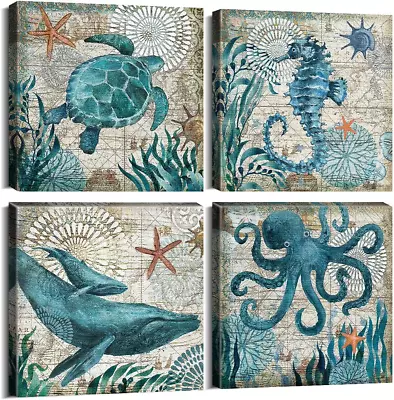 Bathroom Wall Art Beach Decor Ocean Sea Turtle Octopus Canvas Pictures Coastal R • $29.07